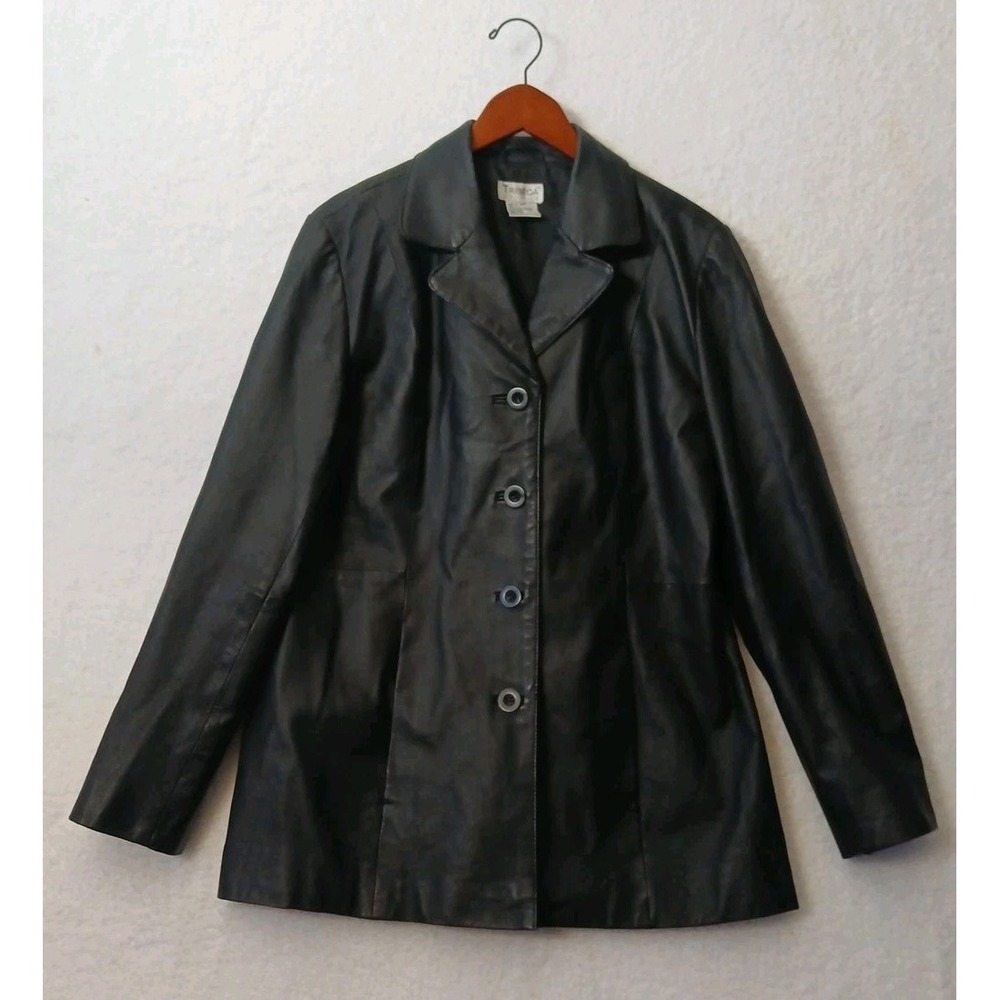 Vintage Tribeca Studios Black 100% Leather Blazer Jacket, size Large, Button Up - Picture 2 of 7